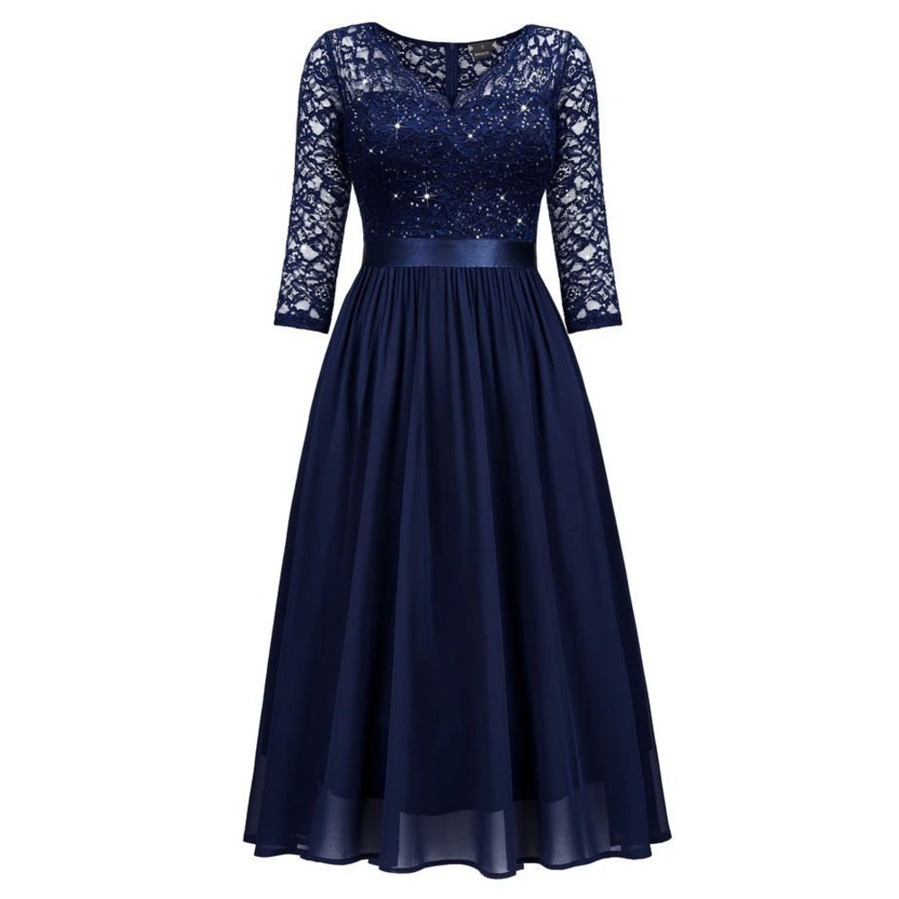 Miusol Women's V-Neck Sequin Lace A-Line Cocktail‎ Party Dress - Navy Blue - S